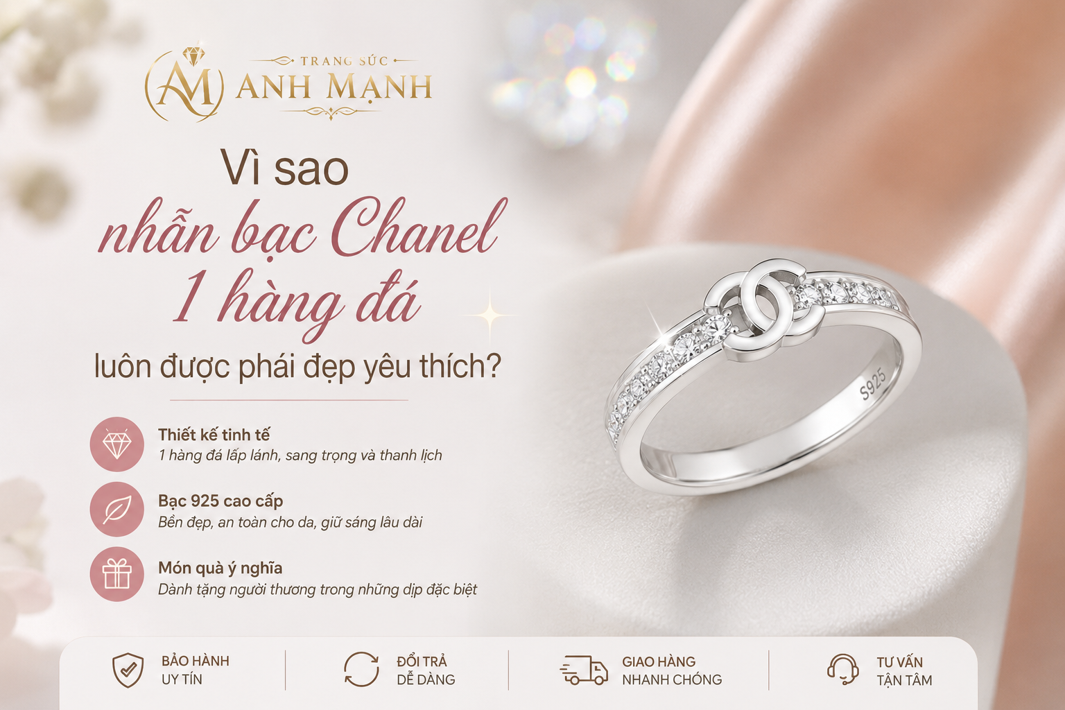 Vì sao nhẫn bạc Chanel 1 hàng đá luôn được phái đẹp yêu thích?