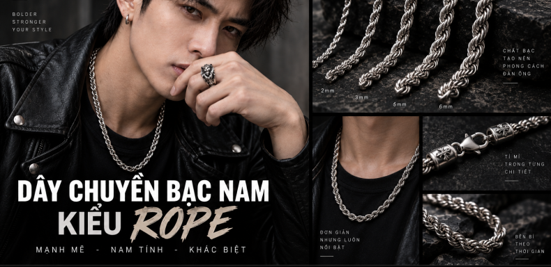 Dây chuyền bạc nam kiểu Rope nổi bật nhờ cấu trúc các mắt xích được xoắn