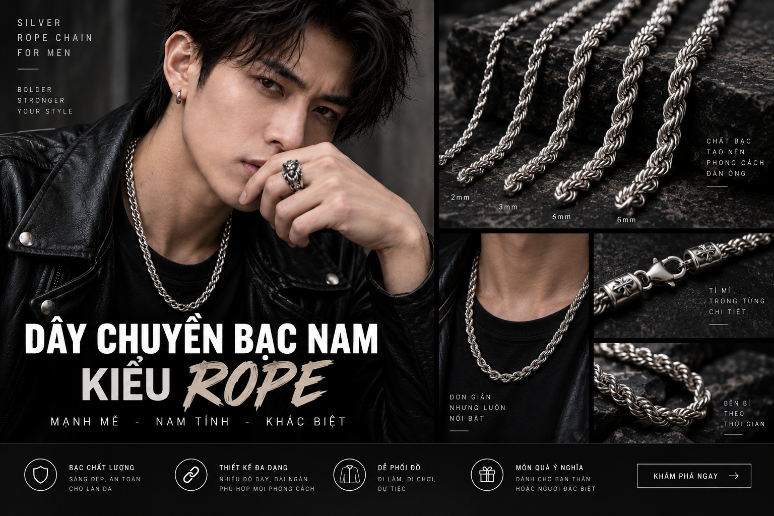 Dây chuyền bạc nam kiểu Rope: độ bền, độ nặng và cách chọn