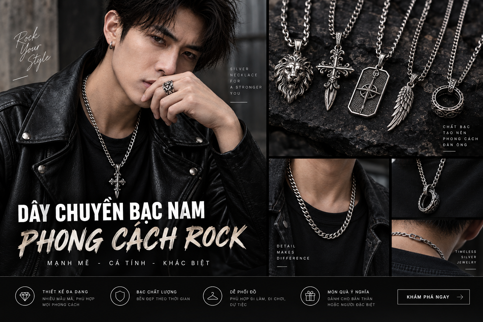 Dây chuyền bạc nam phong cách rock Mẫu dễ đeo & cách phối đồ
