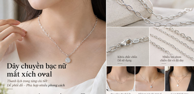 Dây chuyền bạc nữ kiểu mắt xích oval