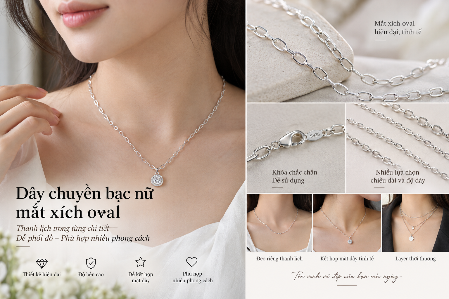 Dây chuyền bạc nữ kiểu mắt xích oval đặc điểm, độ bền và cách phối mặt dây
