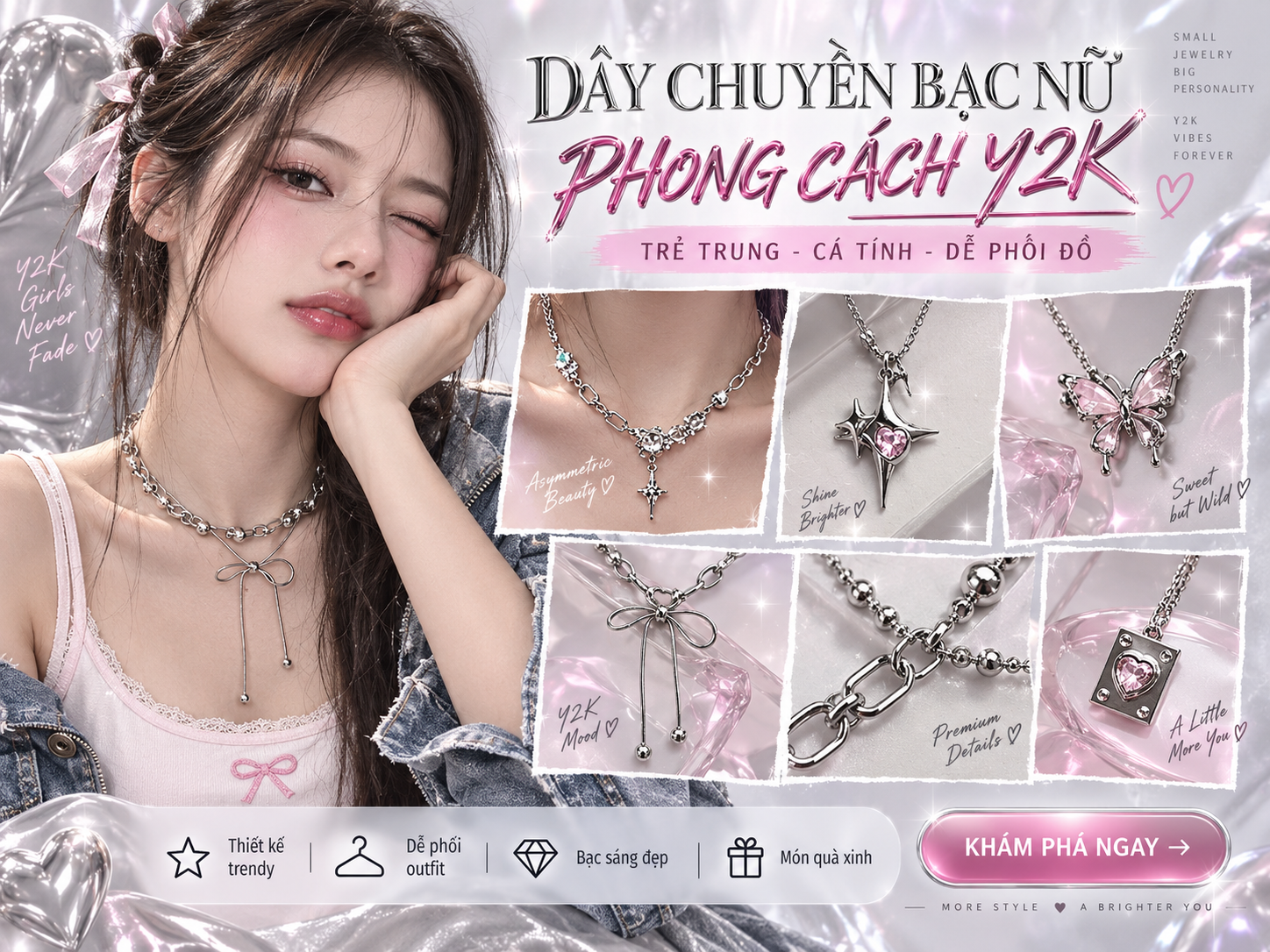 Dây chuyền bạc nữ phong cách Y2K: cách chọn mẫu dễ đeo và không lỗi mốt