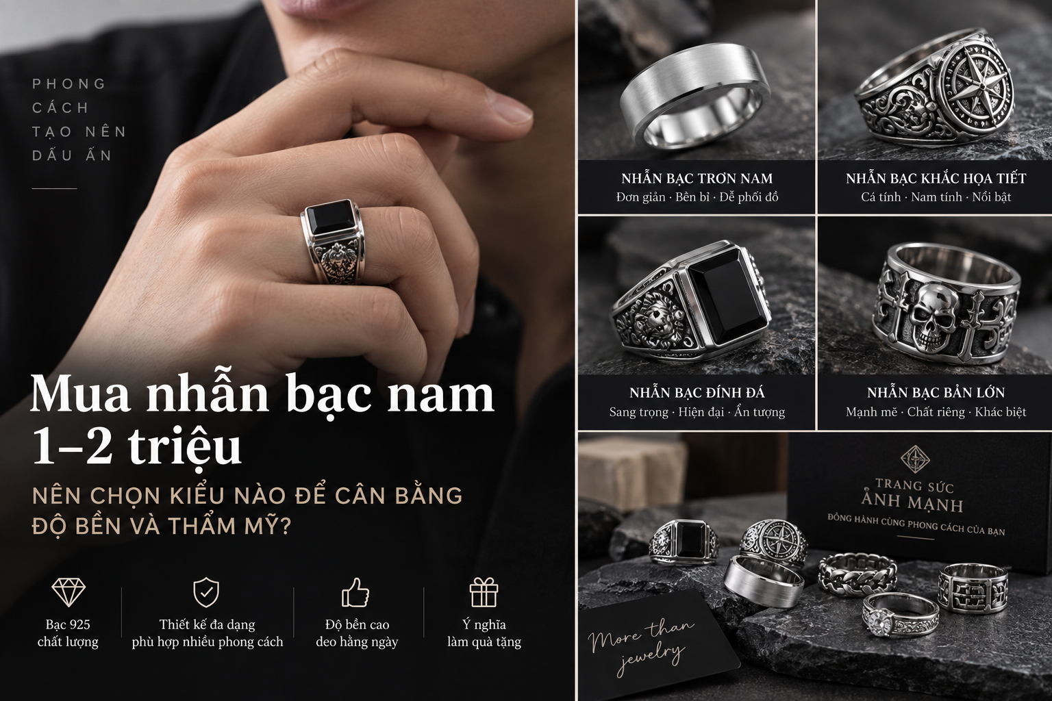 Mua nhẫn bạc nam 1–2 triệu nên chọn kiểu nào để cân bằng độ bền và thẩm mỹ?