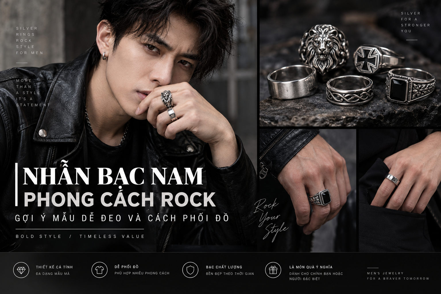 Nhẫn bạc nam phong cách rock Mẫu dễ đeo & cách phối đồ