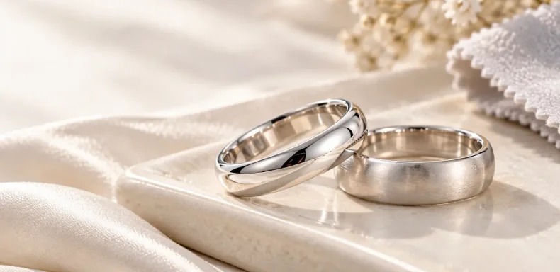 Ảnh minh họa riêng hai chiếc nhẫn màu trắng bạc trên khay đá, một bề mặt bóng và một bề mặt mờ; không phải sản phẩm thực tế của cửa hàng