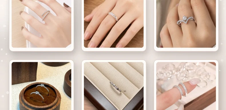 Ảnh tổng hợp sáu mẫu nhẫn bạc nữ đang bán tại Trang Sức Anh Mạnh, gồm nhẫn dáng hở, sóng kim tiền, chữ V đính đá và trái tim