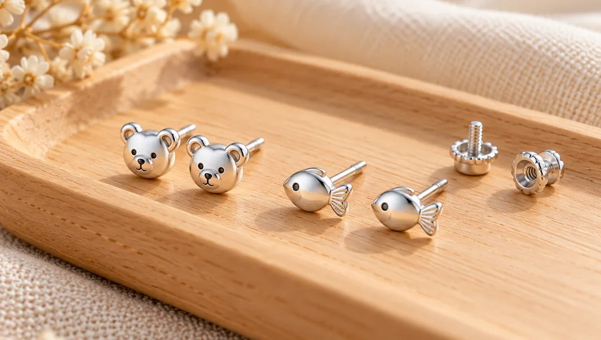 Hai đôi bông tai bạc nhỏ hình gấu và con cá, ảnh minh họa trang sức trẻ em trên nền gỗ sáng