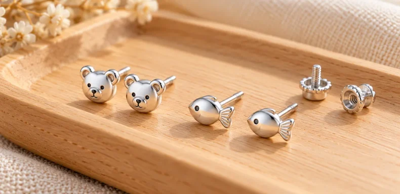 Hai đôi bông tai bạc nhỏ hình gấu và con cá, ảnh minh họa trang sức trẻ em trên nền gỗ sáng