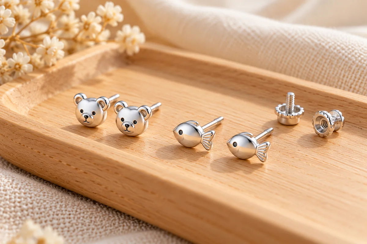 Hai đôi bông tai bạc nhỏ hình gấu và cá, ảnh minh họa trang sức trẻ em trên nền gỗ sáng