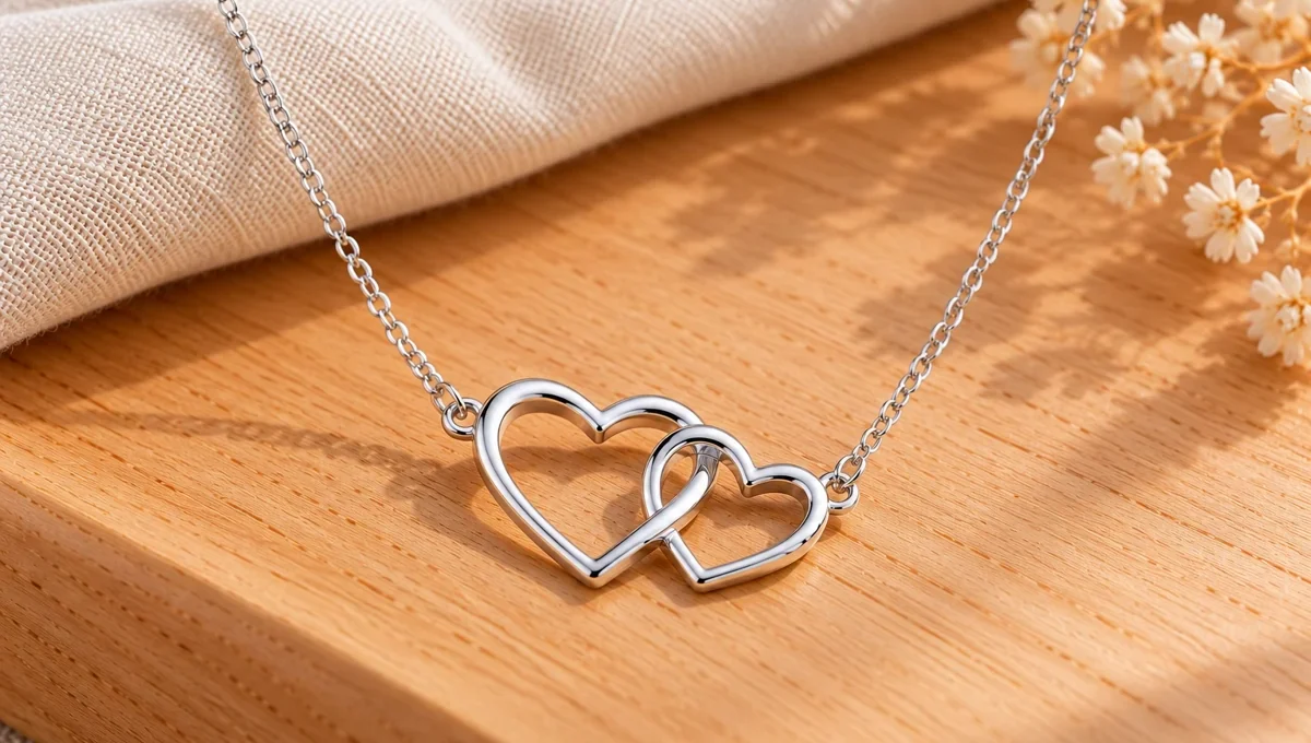 Dây chuyền bạc hai trái tim liên kết trên nền gỗ sáng, hình minh họa thiết kế Double Heart