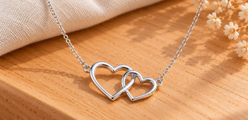 Dây chuyền bạc hai trái tim liên kết trên nền gỗ sáng, hình minh họa thiết kế Double Heart