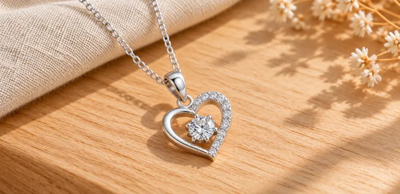 Dây chuyền bạc nữ đính đá mặt trái tim trên nền gỗ sáng - ảnh minh họa