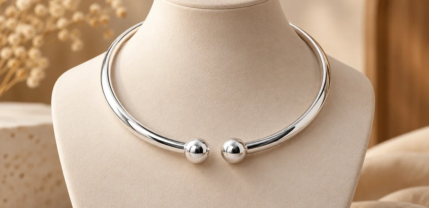 Kiềng cổ bạc nữ dạng cứng đầu bi tròn trên tượng trưng bày màu kem, ảnh minh họa rõ sản phẩm