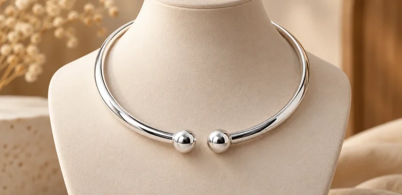 Kiềng cổ bạc nữ dạng cứng đầu bi tròn trên tượng trưng bày màu kem, ảnh minh họa rõ sản phẩm