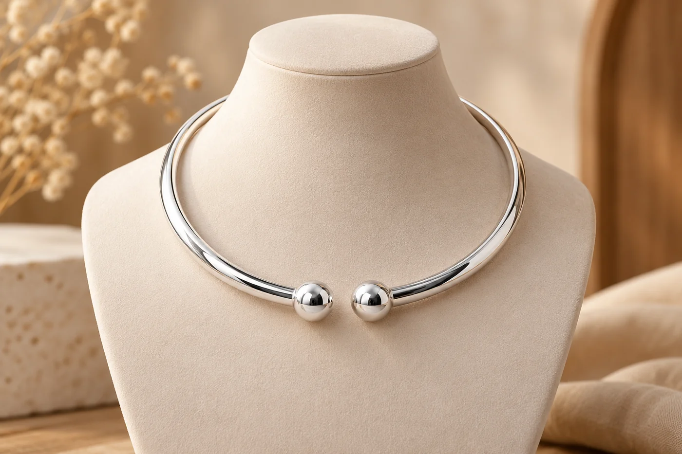 Kiềng cổ bạc nữ dạng cứng đầu bi tròn trên tượng trưng bày màu kem