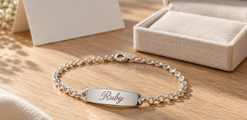 Ảnh minh họa lắc bạc khắc tên Ruby trên nền gỗ sáng cạnh hộp quà