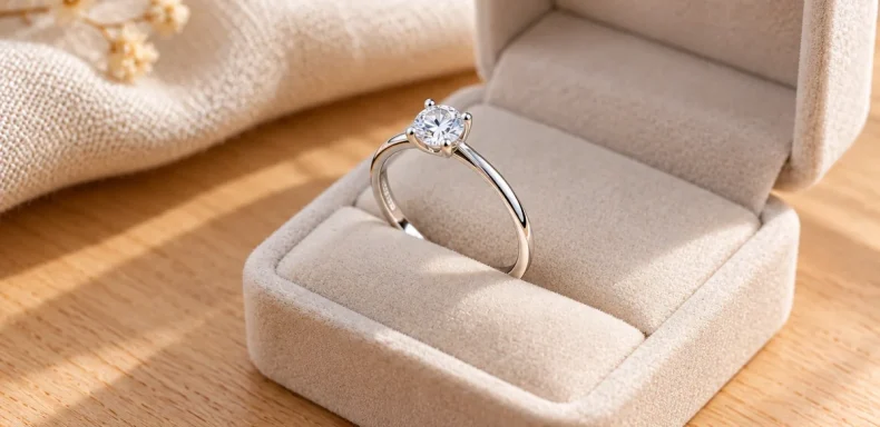 Nhẫn bạc nữ kiểu cầu hôn một viên đá tròn trong hộp nhẫn nhung kem trên nền gỗ sáng