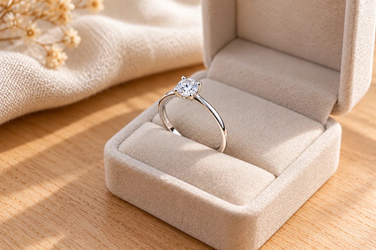 Nhẫn bạc nữ kiểu solitaire đính một viên đá tròn trong hộp nhẫn nhung màu kem, ảnh minh họa cầu hôn