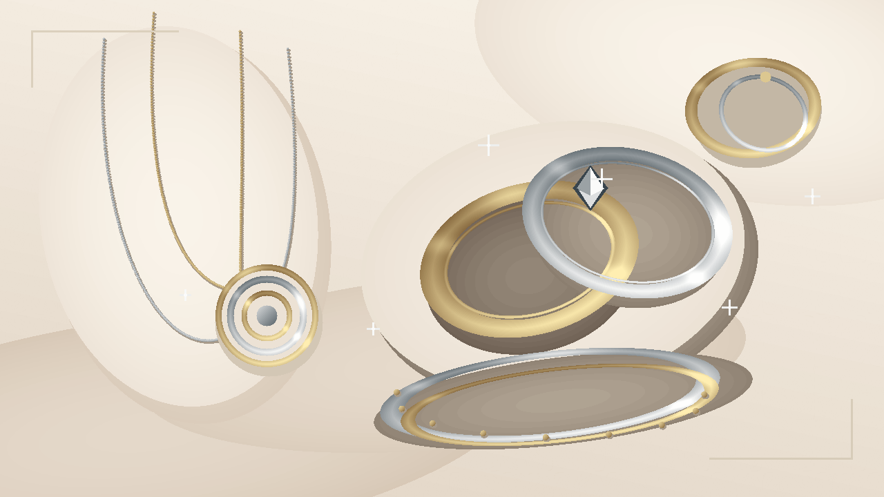 Ảnh minh họa riêng nhẫn, dây chuyền và lắc tay phối hai màu vàng và bạc trên nền kem