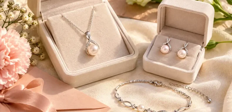 Trang sức bạc làm quà 20/10 cho mẹ: dây chuyền ngọc trai, bông tai và lắc tay bạc trong hộp quà