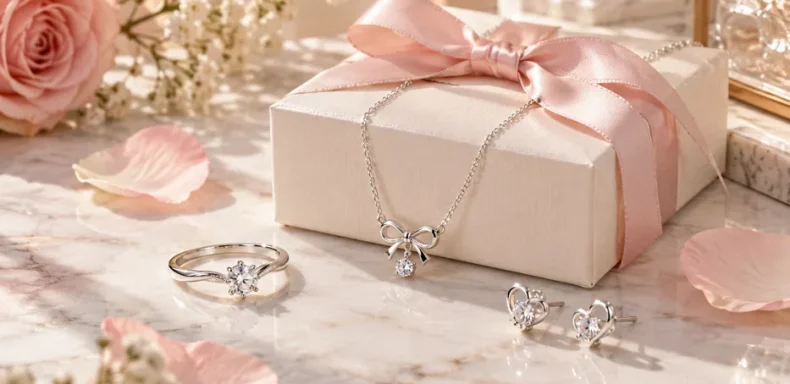 Hộp quà 20/10 với dây chuyền bạc, nhẫn đính đá và bông tai trên nền đá cẩm thạch màu hồng
