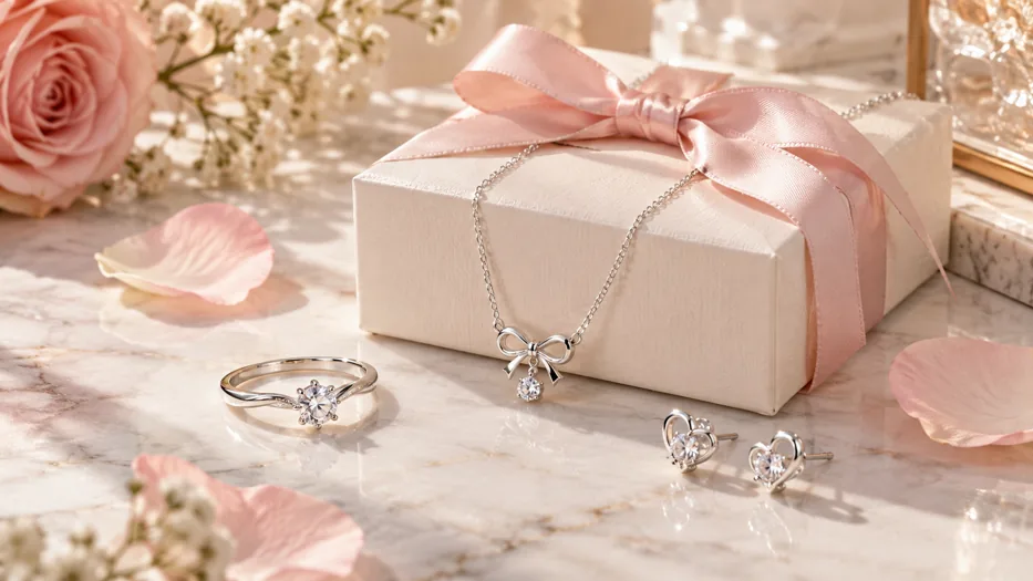 Hộp quà 20/10 với dây chuyền bạc, nhẫn đính đá và bông tai trên nền đá cẩm thạch màu hồng