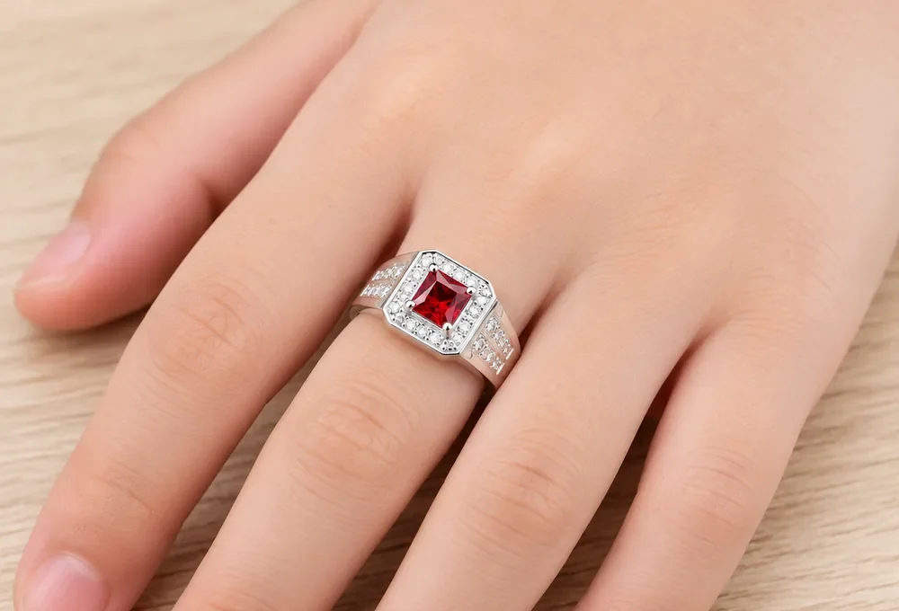 Nhẫn bạc ta nam bé trai mặt vuông đính đá đỏ và đá trắng – ảnh minh họa sản phẩm Trang Sức Anh Mạnh