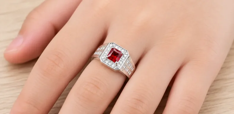 Nhẫn bạc ta nam bé trai mặt vuông đính đá đỏ và đá trắng – ảnh minh họa sản phẩm Trang Sức Anh Mạnh